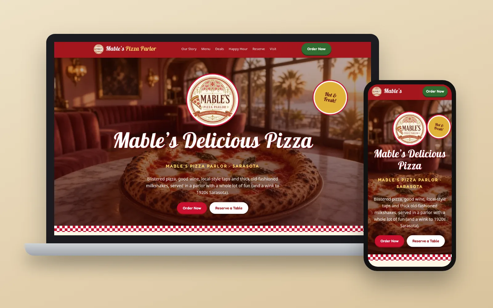 Mable's Pizza Parlor demo website home page
